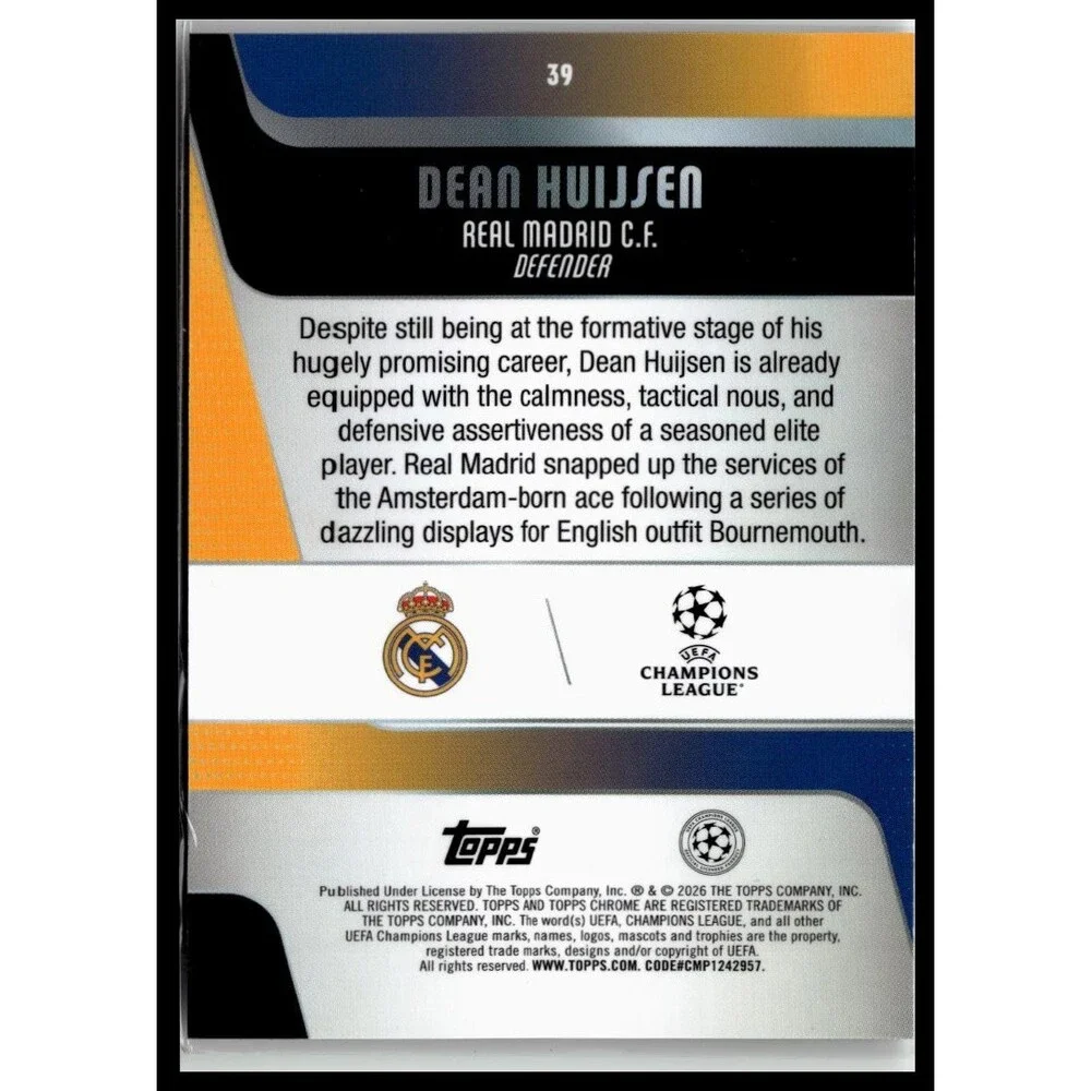 2025-26 Topps Chrome UEFA Dean Huijsen #39 Real Madrid CF Negative Refractor